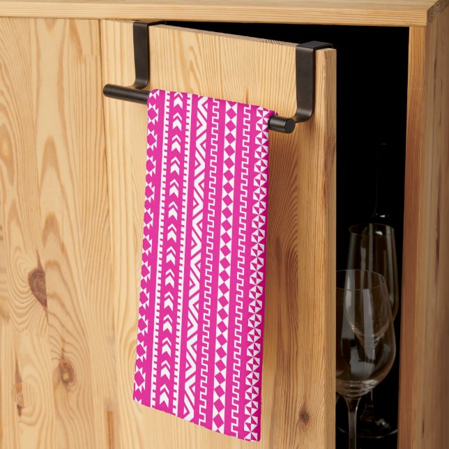 Tribal Geometric in Girly Hot Pink Tea Towel (Thirds Fold)