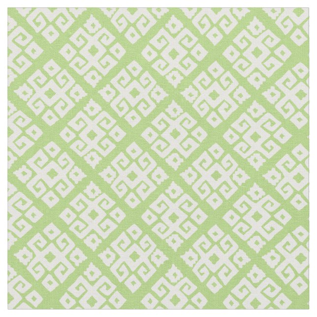 Tribal geometric key white green patterned fabric (Close Up)