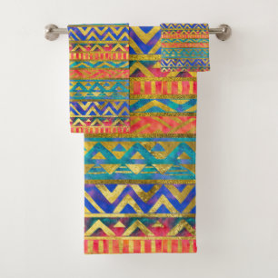 Tribal Geometric Watercolor and Gold Pattern Bath Towel Set