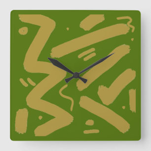 Tribal Gold and Green Square Wall Clock