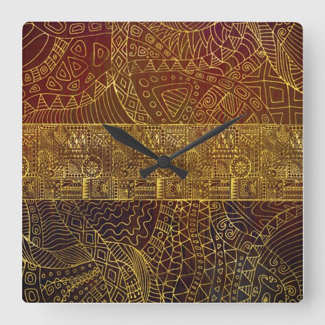 Tribal  Gold Pattern on Brown Paint Square Wall Clock (Front)