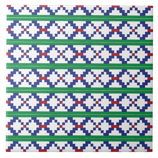 Tribal Green, blue, red ethnic folk art pattern Tile (Front)