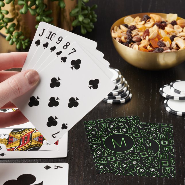 Tribal Green Eye of Lizard Pattern Monogram Playing Cards (In Situ)