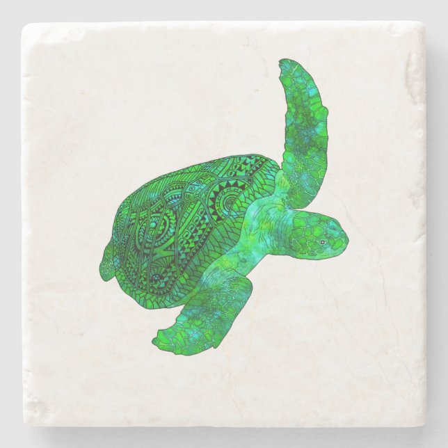Tribal Green Sea Turtle Stone Coaster (Front)