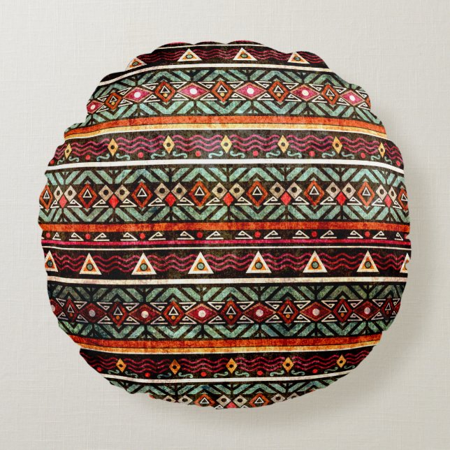Tribal grunge ethno folk pattern in retro style round cushion (Front)