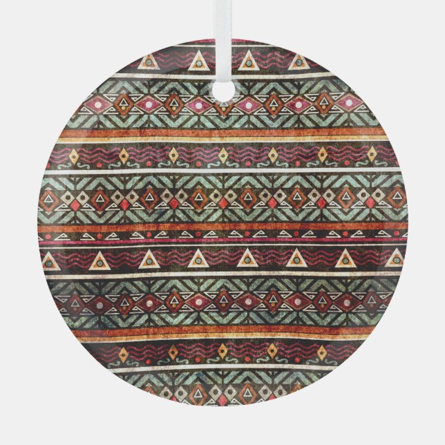 Tribal Grunge: Ethno Retro Pattern Glass Tree Decoration (Front)