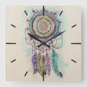 tribal hand paint dreamcatcher mandala design square wall clock