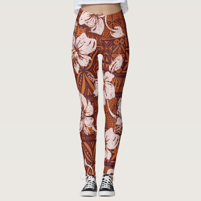 Tribal Hawaiian: Hibiscus Flower Wallpaper Leggings (Front)
