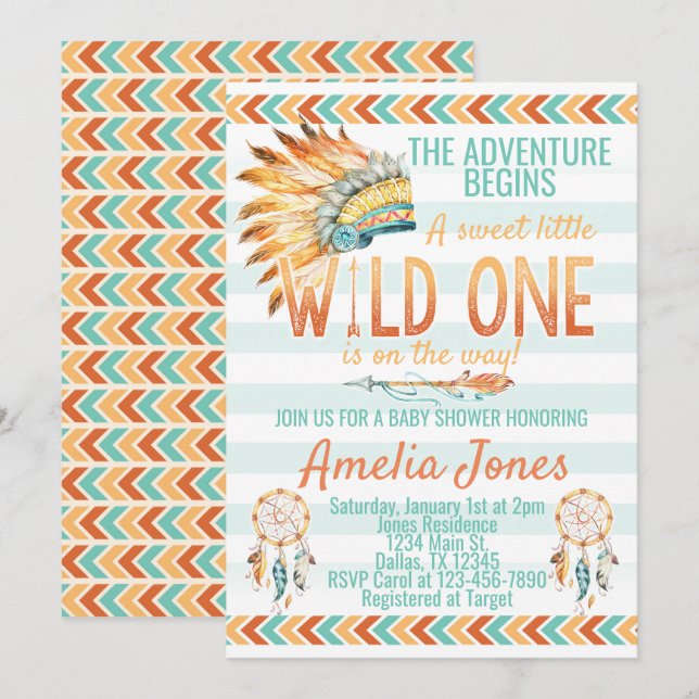 Tribal Headdress Birthday Party Invitation Orange (Front/Back)