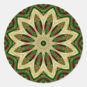 Tribal Holiday Green Red Gold Geometric Flower Classic Round Sticker
