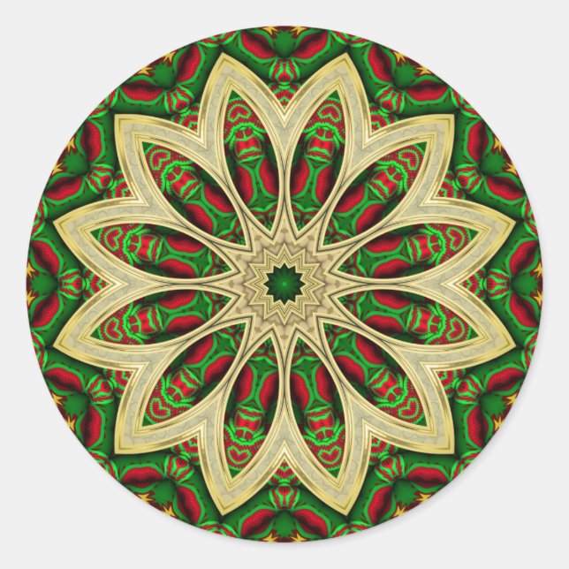 Tribal Holiday Green Red Gold Geometric Flower  Classic Round Sticker (Front)