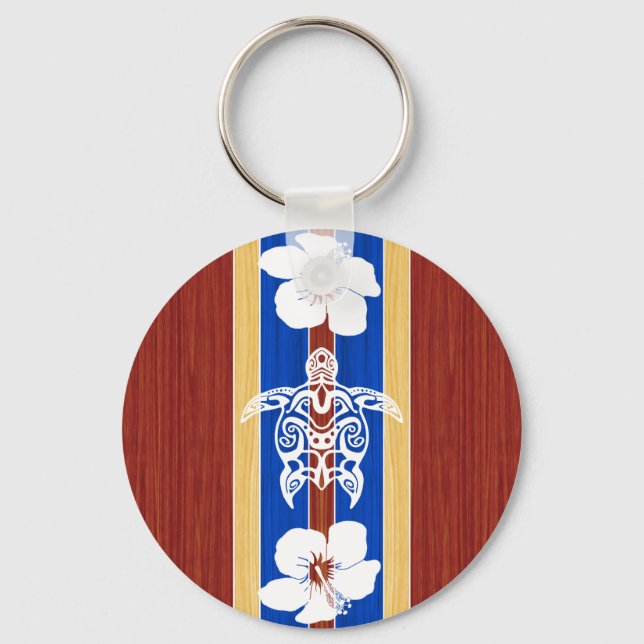 Tribal Honu Fake Wood Surfboard Key Ring (Front)