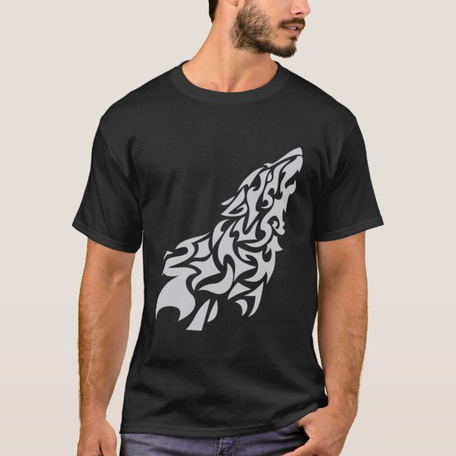 Tribal Howling Wolf Design – Bold and Majestic Art T-Shirt (Front)