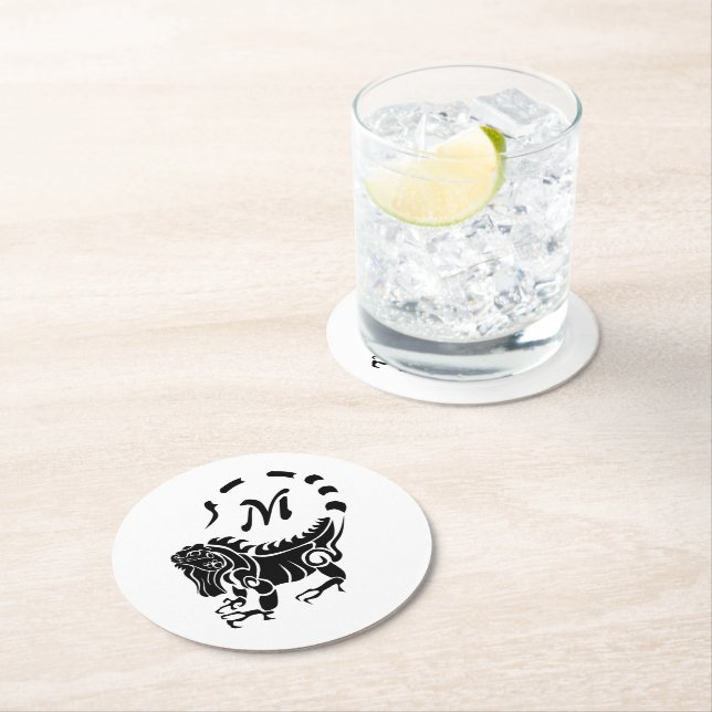 Tribal Iguana Monogram Round Paper Coaster (Insitu)