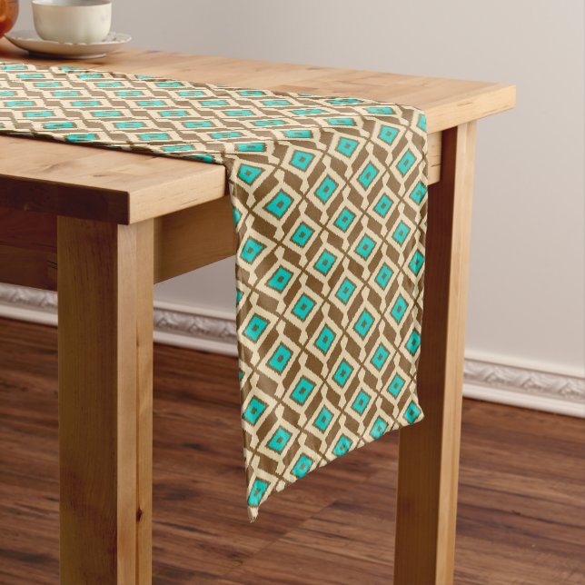 Tribal Ikat Pattern, Beige, Taupe and Turquoise Short Table Runner (In Situ)