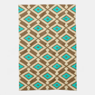 Tribal Ikat Pattern, Beige, Taupe and Turquoise Tea Towel