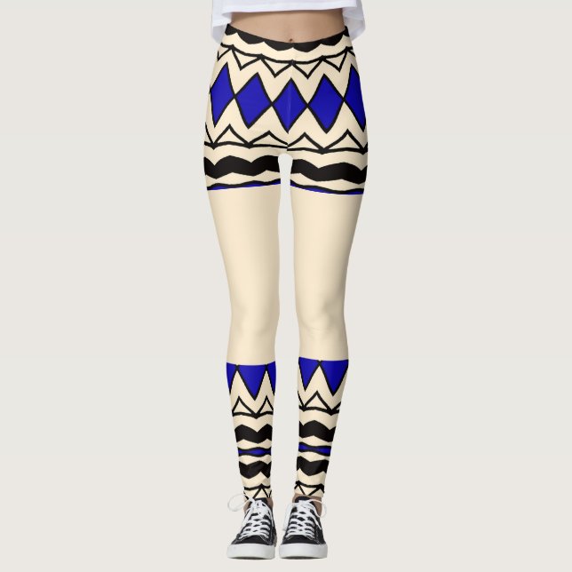 Tribal-Inspired Blue & Cream Leggings (Front)