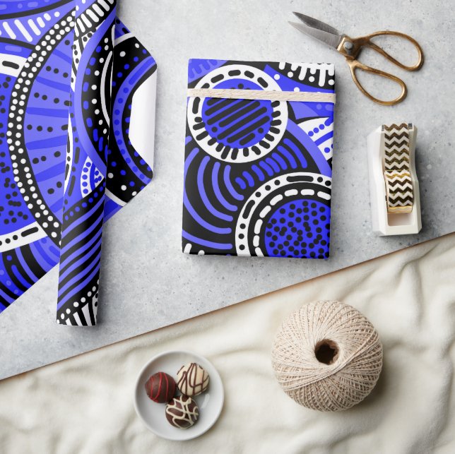Tribal Inspired Pattern | Blue, Black, White Wrapping Paper (Crafts)