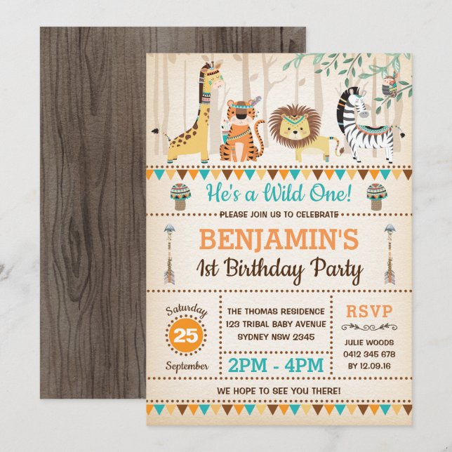 Tribal Jungle Animals Rustic Wild One 1st Birthday Invitation (Front/Back)