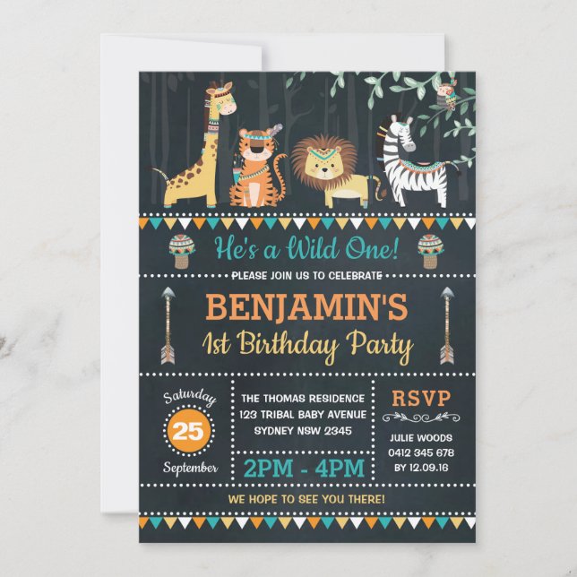 Tribal Jungle Safari Animals Wild One 1st Birthday Invitation (Front)
