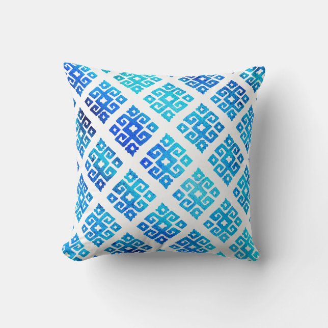 Tribal key pattern painted aqua white pillow (Front)