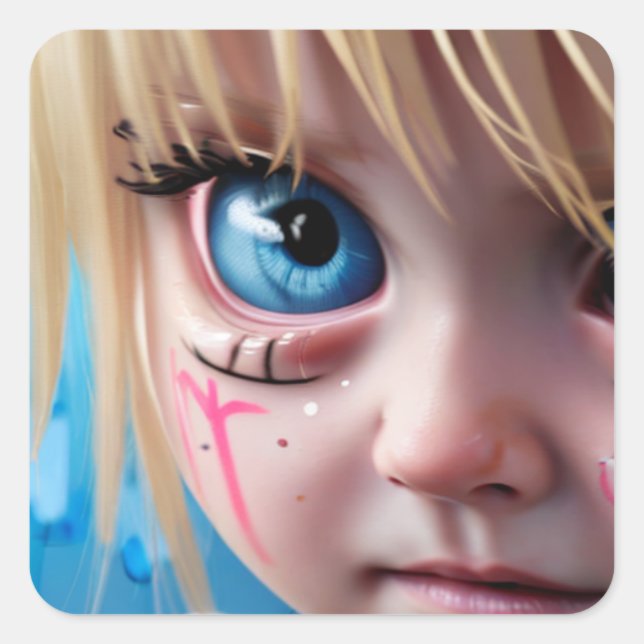 Tribal Kids | Blonde Girl Big Blue Eyes Square Sticker (Front)