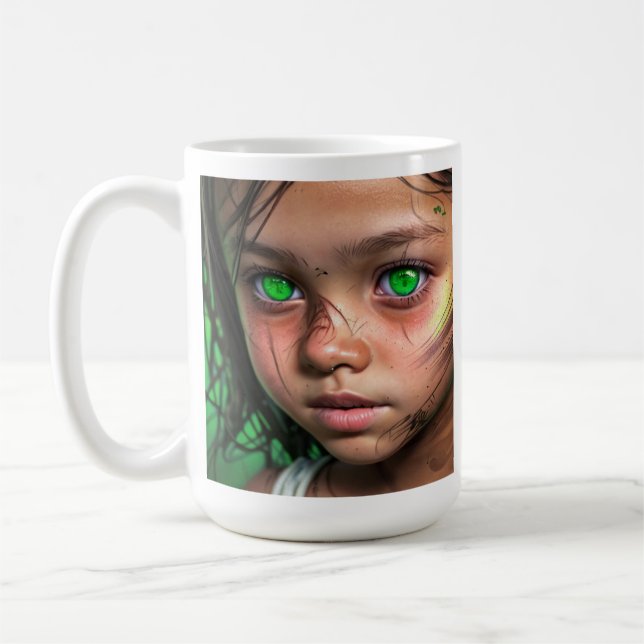 Tribal Kids |  Futuristic Girl Glowing Green Eyes Coffee Mug (Left)
