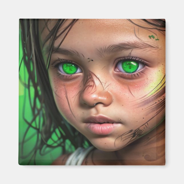 Tribal Kids |  Futuristic Girl Glowing Green Eyes Magnet (Front)
