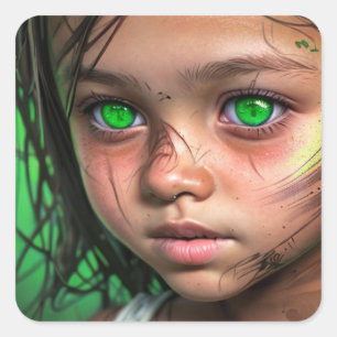 Tribal Kids    Futuristic Girl Glowing Green Eyes Square Sticker