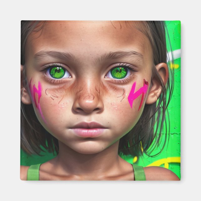 Tribal Kids |  Futuristic Stoic Girl Green Eyes Magnet (Front)