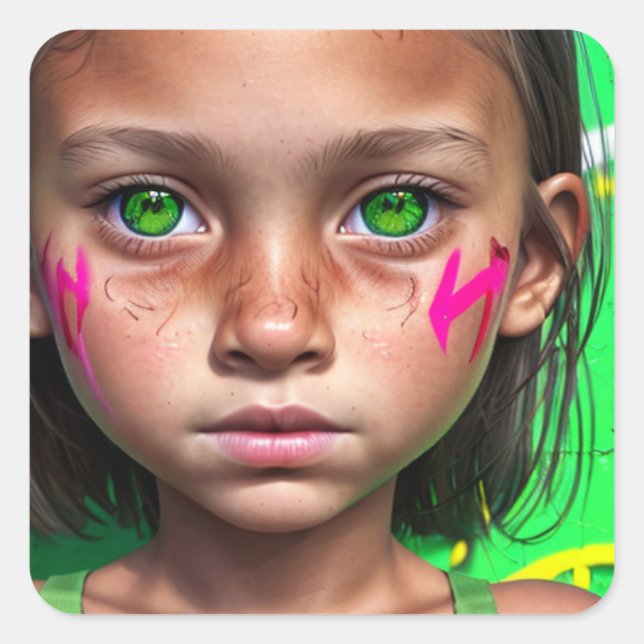 Tribal Kids |  Futuristic Stoic Girl Green Eyes Square Sticker (Front)