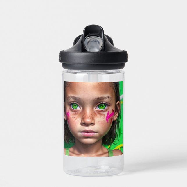 Tribal Kids |  Futuristic Stoic Girl Green Eyes Water Bottle (Front)