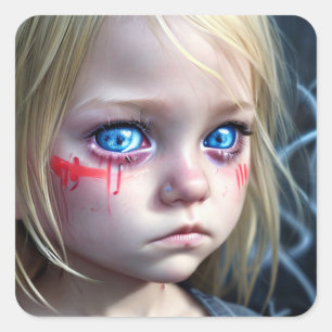 Tribal Kids   Little Blonde Girl Big Blue Eyes Square Sticker