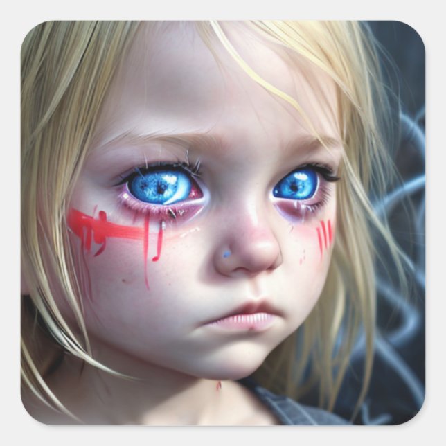 Tribal Kids | Little Blonde Girl Big Blue Eyes Square Sticker (Front)