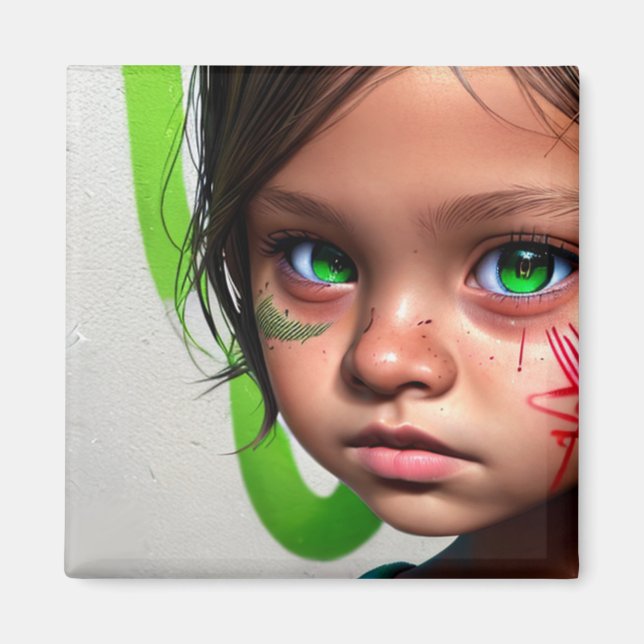 Tribal Kids | Little Futuristic Girl Green Eyes Magnet (Front)