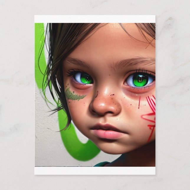 Tribal Kids | Little Futuristic Girl Green Eyes Postcard (Front)