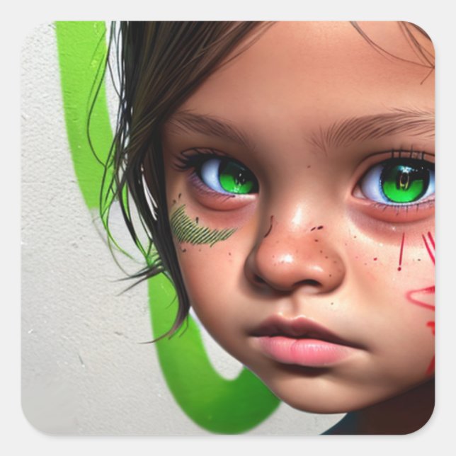 Tribal Kids | Little Futuristic Girl Green Eyes Square Sticker (Front)