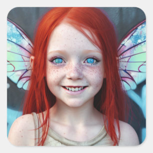Tribal Kids   Redhead Girl with Fairy Wings Square Sticker