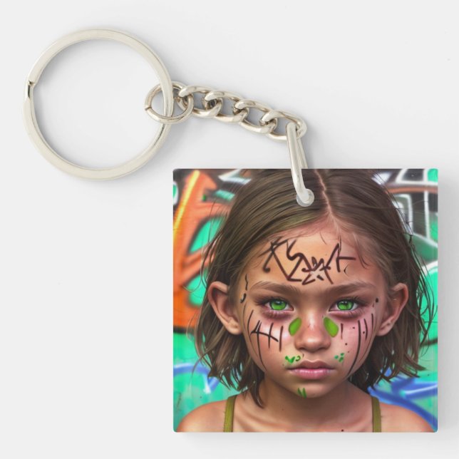 Tribal Kids | Urban Futuristic Girl Green Eyes Key Ring (Front)