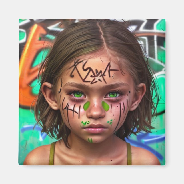 Tribal Kids | Urban Futuristic Girl Green Eyes Magnet (Front)