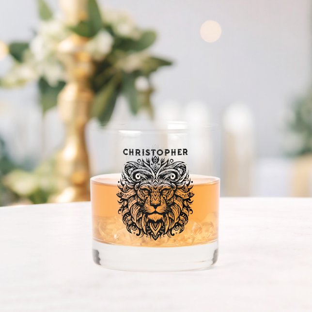 Tribal Lion Add Name Whiskey Glass (Insitu (Wedding))