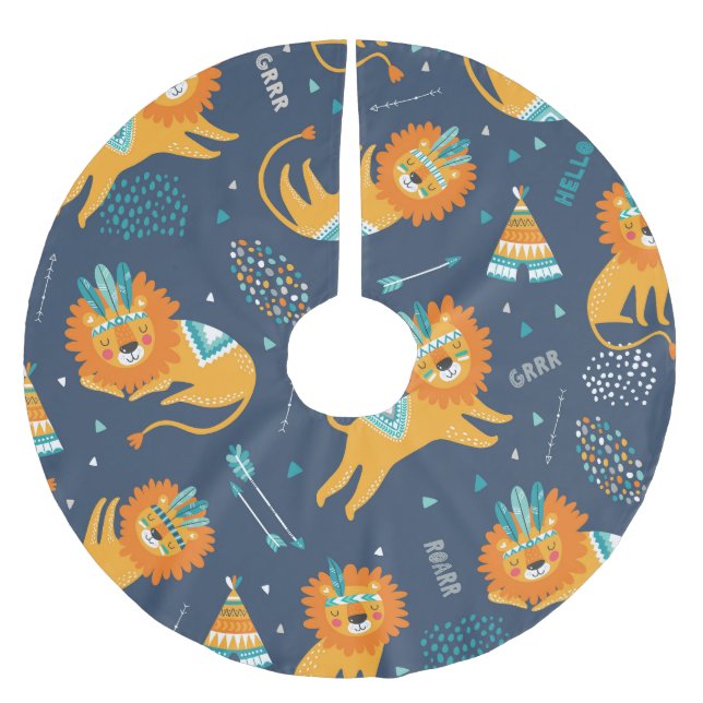Tribal Lions Cartoon Seamless Pattern Brushed Polyester Tree Skirt (Front)
