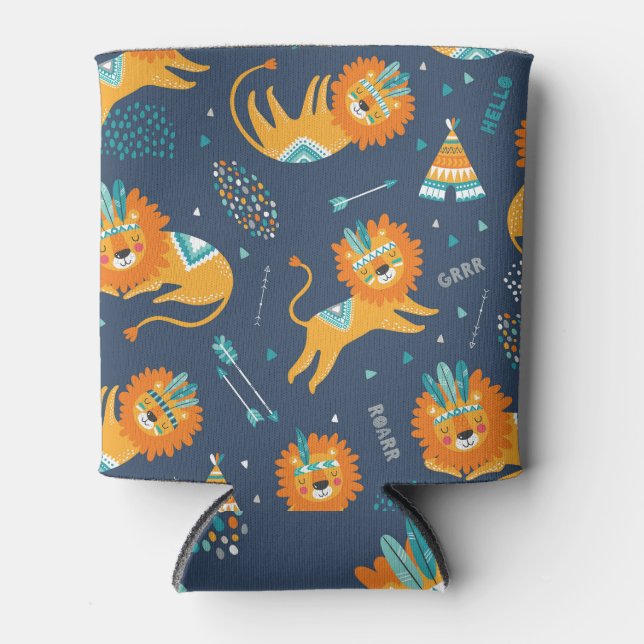 Tribal Lions Cartoon Seamless Pattern Can Cooler (Front)