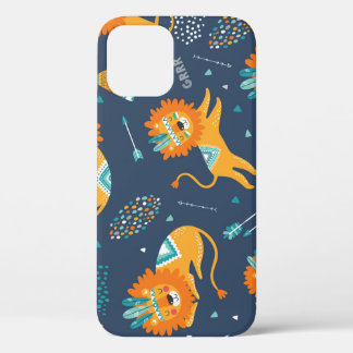 Tribal Lions Cartoon Seamless Pattern iPhone 12 Case