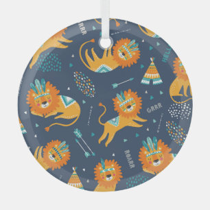 Tribal Lions Cartoon Seamless Pattern Glass Tree Decoration