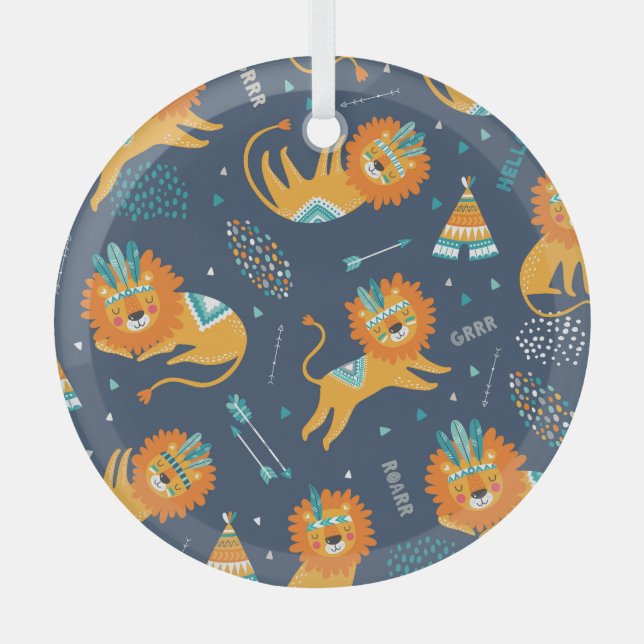 Tribal Lions Cartoon Seamless Pattern Glass Tree Decoration (Front)