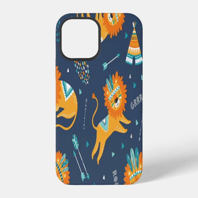 Tribal Lions Cartoon Seamless Pattern iPhone Case (Back)