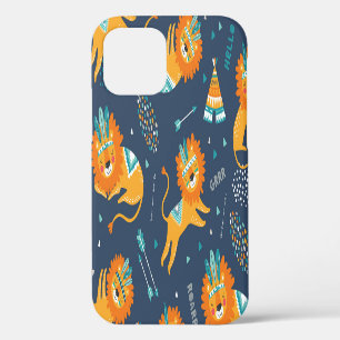Tribal Lions Cartoon Seamless Pattern iPhone 12 Case