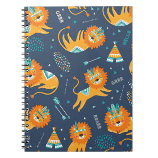 Tribal Lions Cartoon Seamless Pattern Notebook