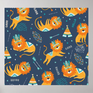 Tribal Lions Cartoon Seamless Pattern Poster